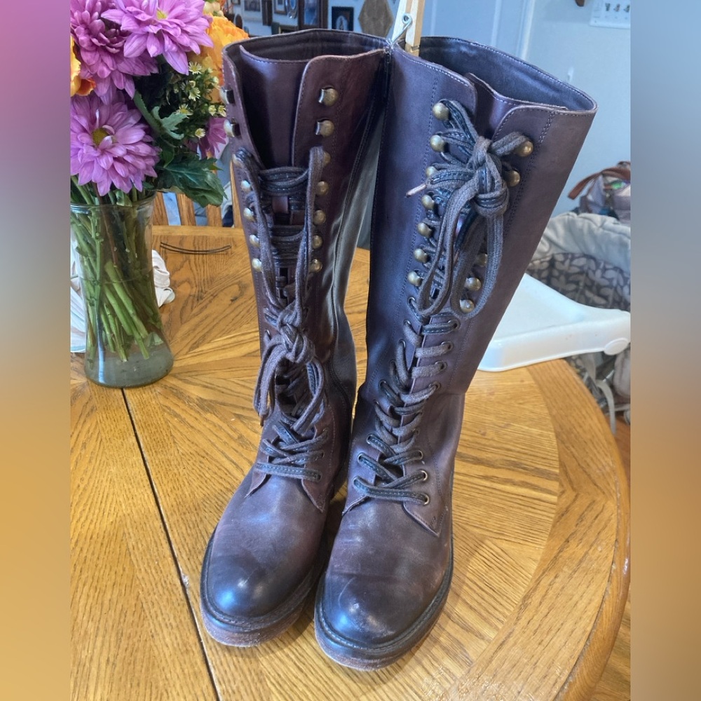 Brown Lace-Up Knee-High Boots